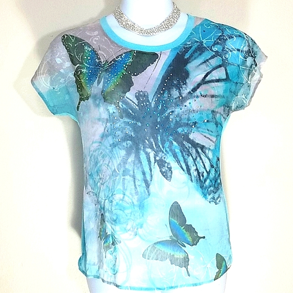 T-shirt short sleeve top beaded butterfly swirls blue Linen Blend Fairycore Y2K